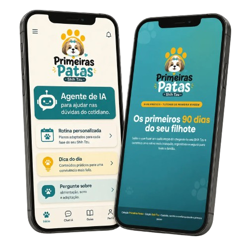 Kit Primeiras Patas — mockup dos guias e Tutor Virtual de IA